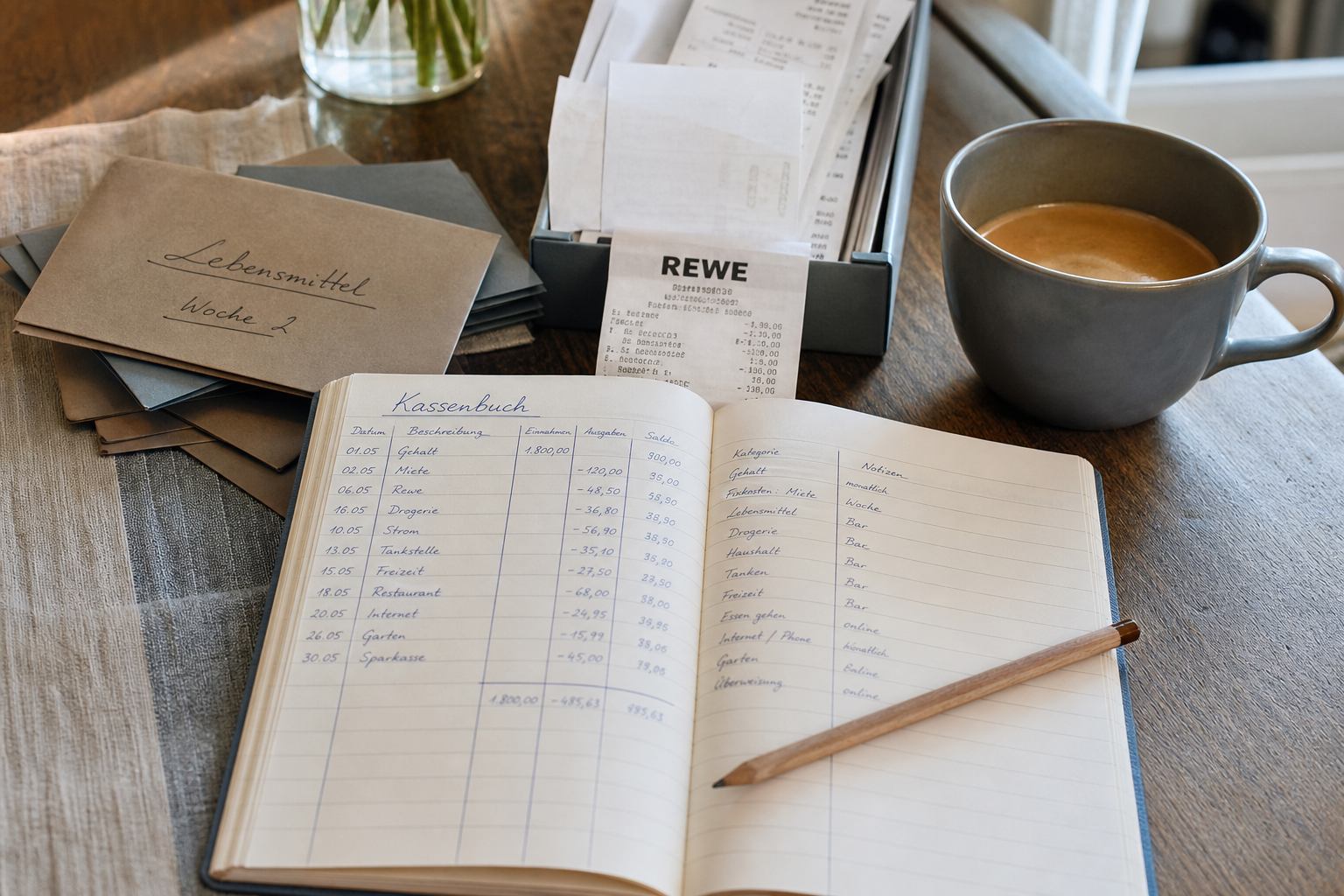 Schreibtisch mit Kassenbuch, Quittungen, Umschlägen und Bleistift